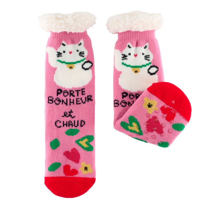 CHAUSSETTE SHERPA CHAT BONHEUR ROSE
