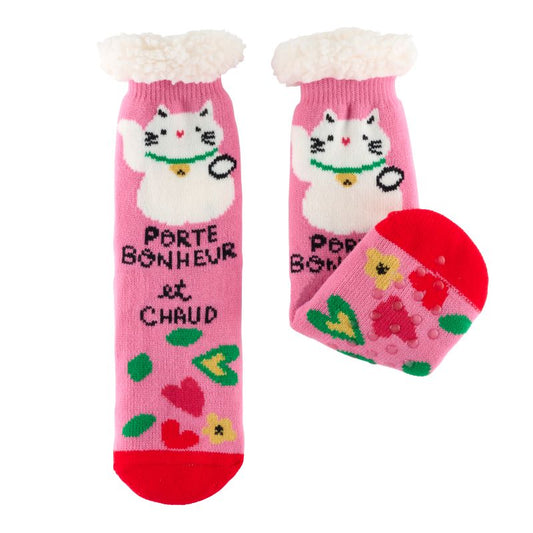 CHAUSSETTE SHERPA CHAT BONHEUR ROSE